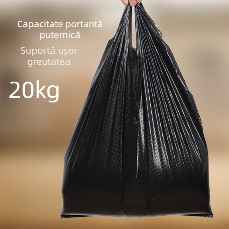 Pungi negre de plastic îngroșate pentru gunoi, în dimensiuni variate, pentru uz casnic și bucătărie, cu mâner și în stil vestă, practice