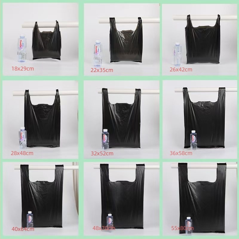 Pungi negre de plastic îngroșate pentru gunoi, în dimensiuni variate, pentru uz casnic și bucătărie, cu mâner și în stil vestă, practice