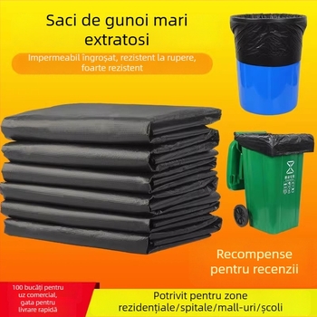 Saci de gunoi din plastic negri, mari, groși, de unică folosință, pentru uz casnic, comercial și hotelier, cu deschidere plată și mâneri