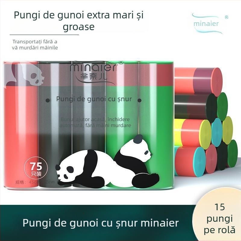 Pungi de gunoi cu șnur, închidere automată, plastic gros, extra-large, 45x50 cm, rolă cu 15 pungi