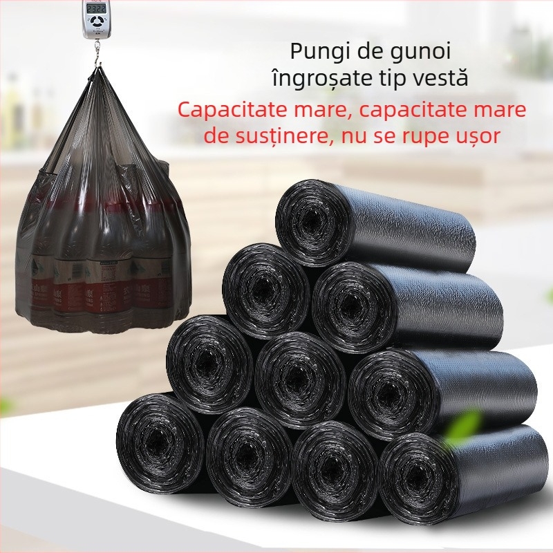 Saci de gunoi în stil vestă, cu mâneri, 45×60 cm, negri, groși, pentru bucătărie, uz casnic