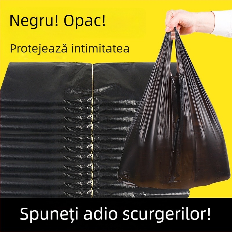 Sac de gunoi pentru uz casnic, gros, mărime medie, negru, stil vestă, capacitate mare, pungă plastică pentru bucătărie