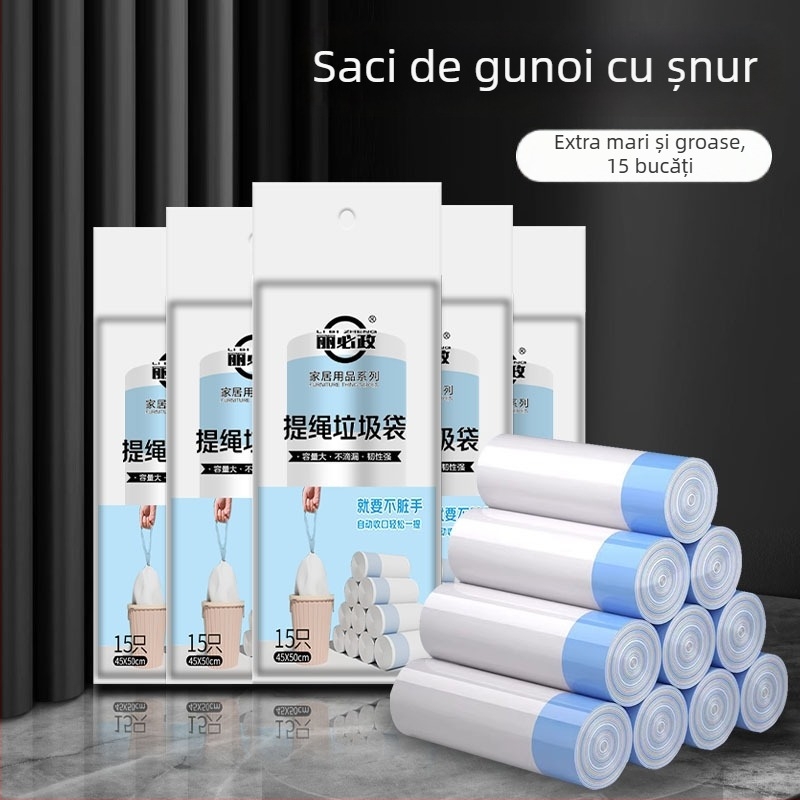 Pungi de gunoi cu șnur, extra mari și groase, cu mânere, pentru bucătărie, baie, cămin, închidere automată