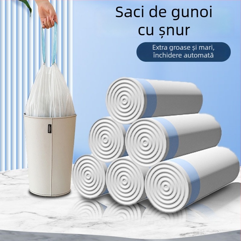Pungi de gunoi cu șnur, extra mari și groase, cu mânere, pentru bucătărie, baie, cămin, închidere automată