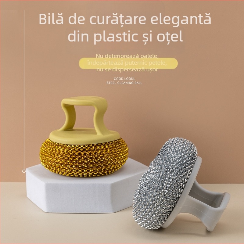 Perie pentru vase detașabilă și lavabilă cu bilă de oțel și bilă PET pentru curățare a tigăilor antiaderente