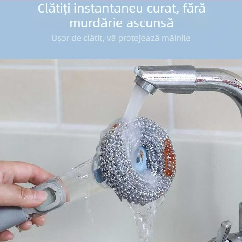 Perie de curățare pentru oale cu mâner lung și rezervor de lichid – pentru vase, oale și boluri, cu bilă din oțel