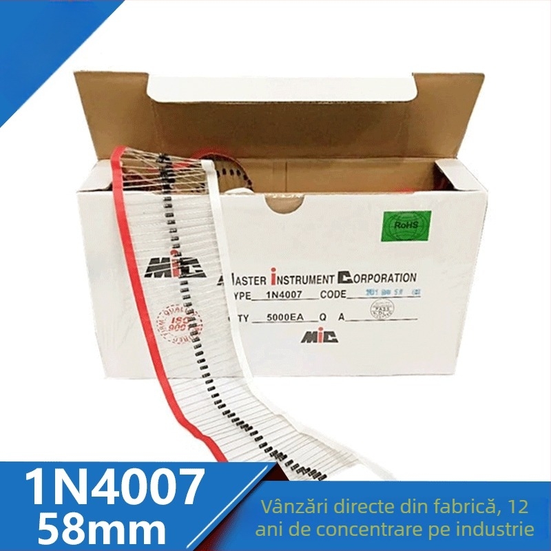 Diodă rectificatoare 1N4007, ambalaj DO-41, 2 pini, 1000 V, 1 A