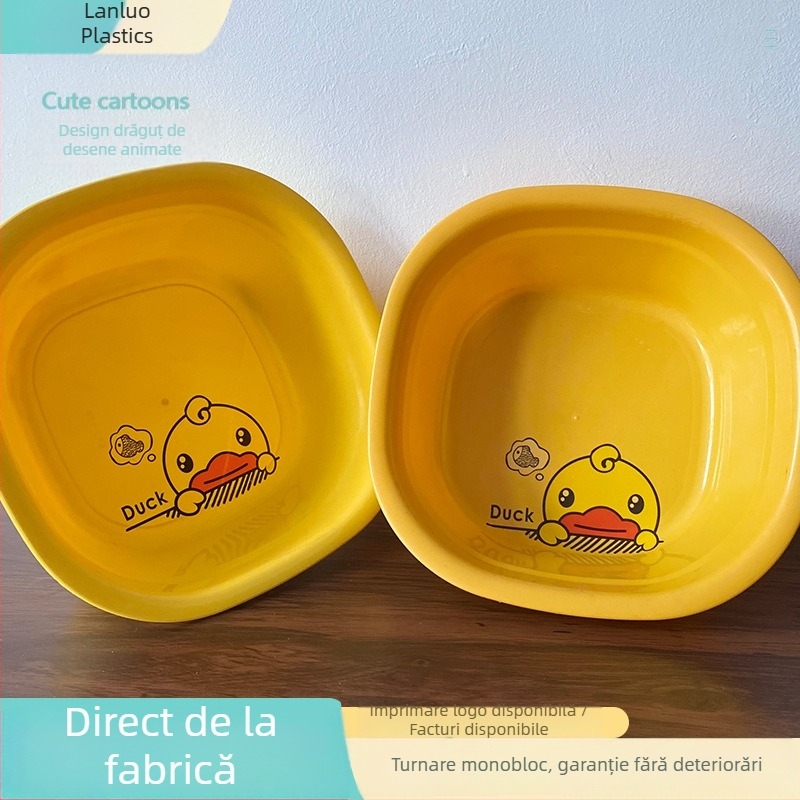 Vas pătrat din plastic cu design drăguț de rață galbenă, pentru uz casnic; spălarea rufelor, a feței și a legumelor, depozitare pentru bebeluși