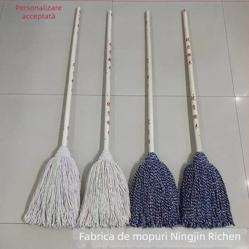 Mop cu tijă din lemn și fire de bumbac, cap rotund, pentru uz casnic și comercial