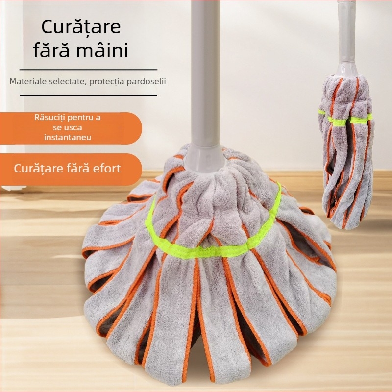 Mop cu stoarcere automată și margine etanșată la apă, țesătură coral fleece în stil prosoape, pentru curățare umedă și uscată, rotativ