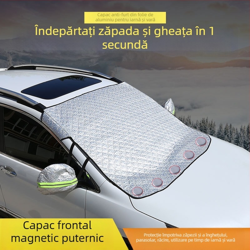 Protecție solară pentru parbrizul mașinii cu folie de aluminiu, atașare magnetică, perdea termoizolantă și vizieră solară