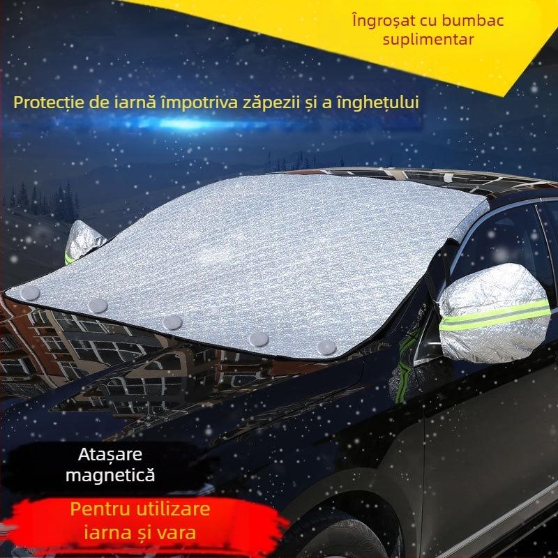 Protecție solară pentru parbrizul mașinii cu folie de aluminiu, atașare magnetică, perdea termoizolantă și vizieră solară