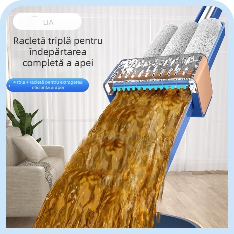 Mop plat cu cap mare, fără a-ți murdări mâinile, răzuitor încorporat, suport și cârlig pentru mop