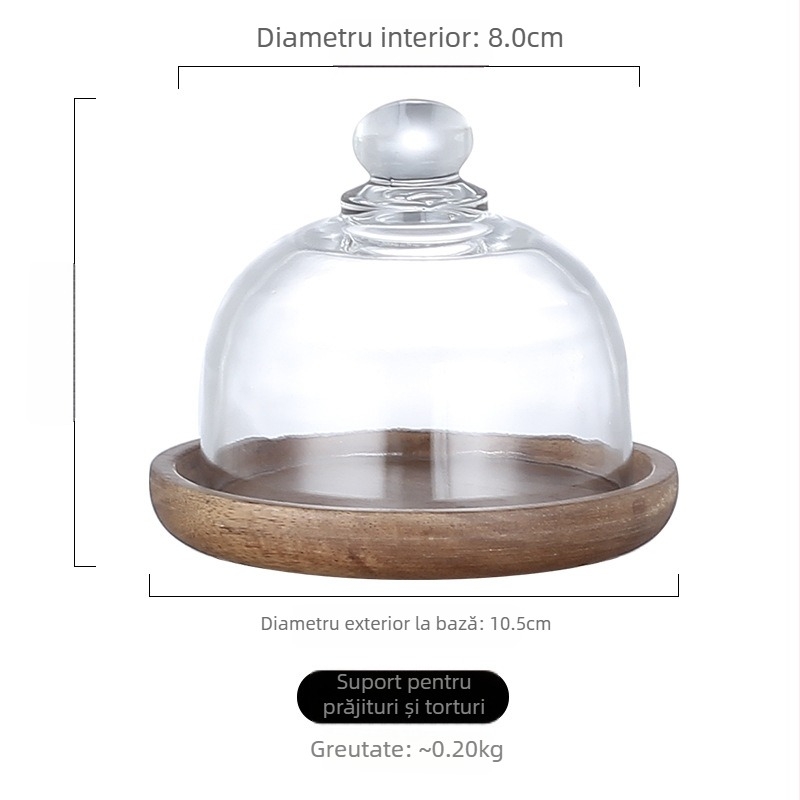 Set mini farfurii desert cu suport din lemn rotund și capac de sticlă, include farfurie pentru mousse și farfurie pentru prăjituri