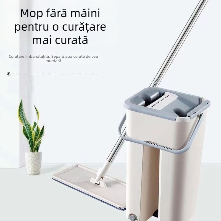 Mop cu găleată pentru curățare umedă și uscată, fără spălare manuală, mop plat pentru uz casnic