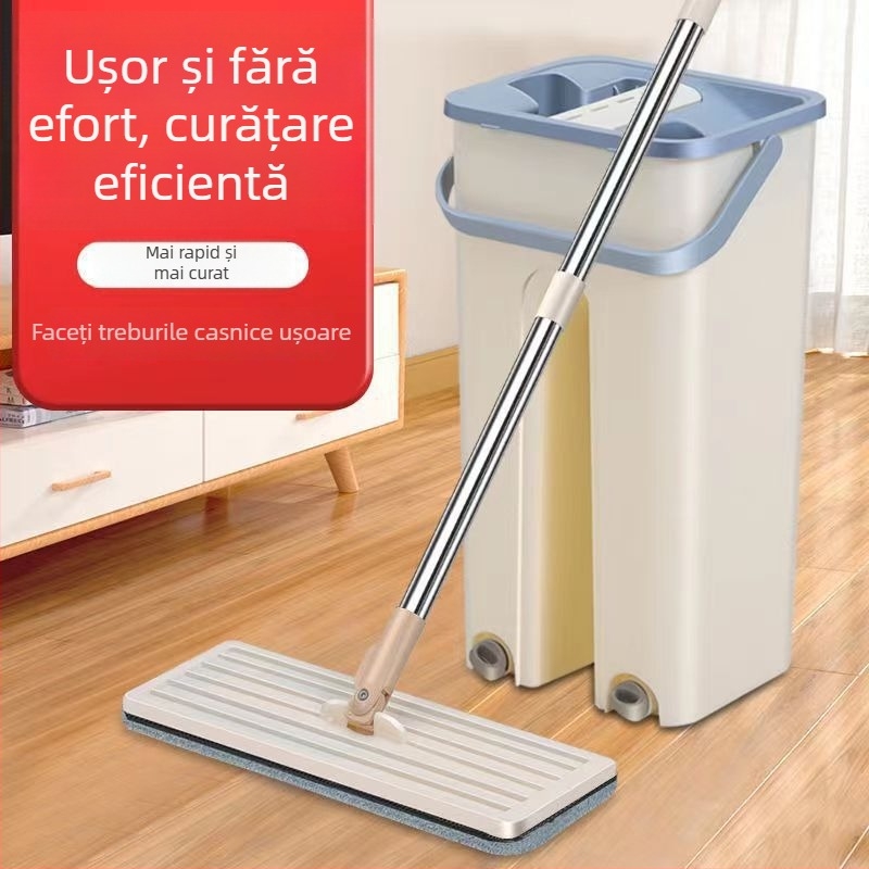 Mop cu găleată pentru curățare umedă și uscată, fără spălare manuală, mop plat pentru uz casnic