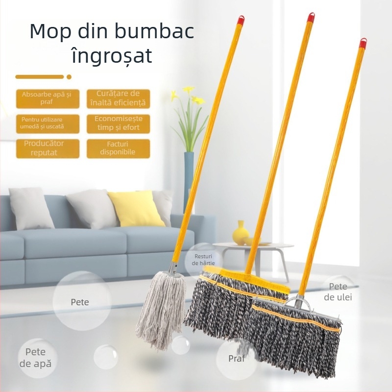 Mop din fibre de bumbac, clasic, absorbant, cu cap rotund și mâner din lemn, dimensiune mare