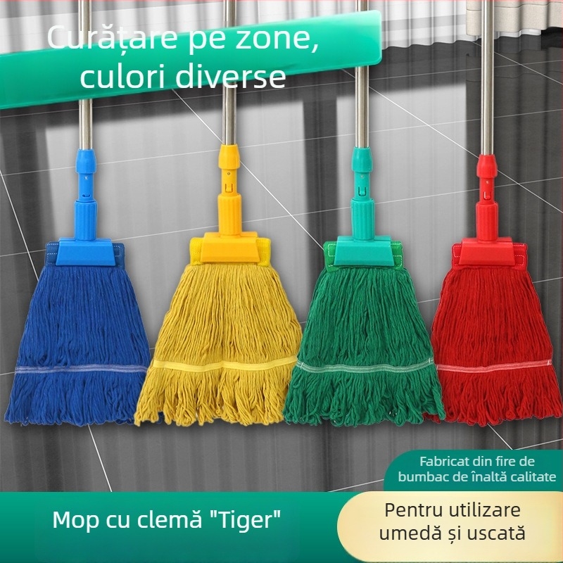 Mop cu clips, cap din fire de bumbac îngroșate, detașabil, mâner din oțel inoxidabil, finisaj color pentru curățenie în spital