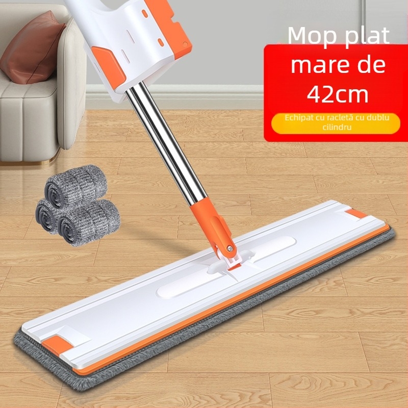 Mop plat pentru uz casnic, fără atingere cu mâinile, lavabil, cu cap mare pentru curățare uscată și umedă, cu țesătură autoadezivă