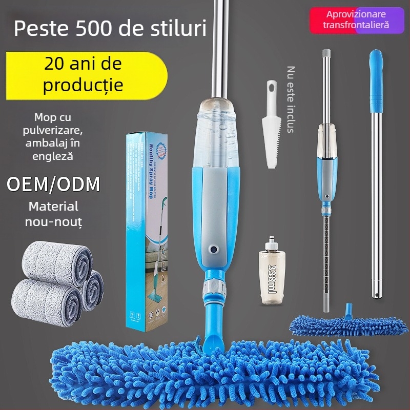 Mop plat pentru uz casnic, microfibră, utilizare uscat/umedă, cap rotativ la 360°, mâner din aluminiu extensibil, absorbant de apă