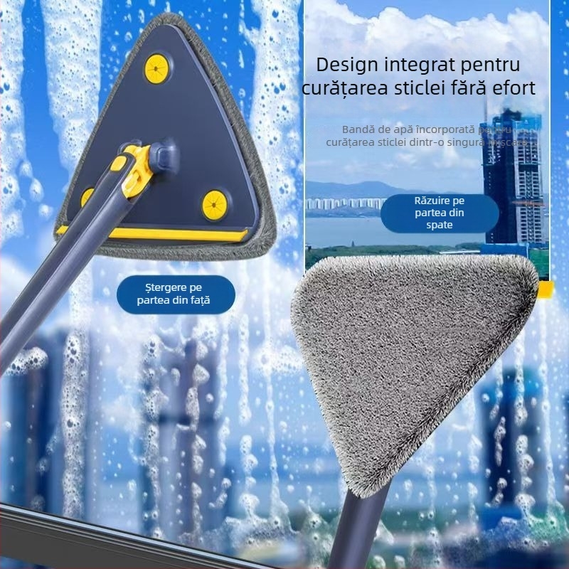 Mop triunghiular pentru podea, fără atingere cu mâinile, cu două funcții pentru curățarea geamului și a pereților