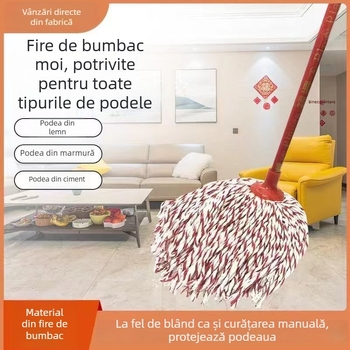 Mop îngroșat cu mâner din lemn, cap rotund, fir de bumbac, fâșii absorbante din material, mop tradițional