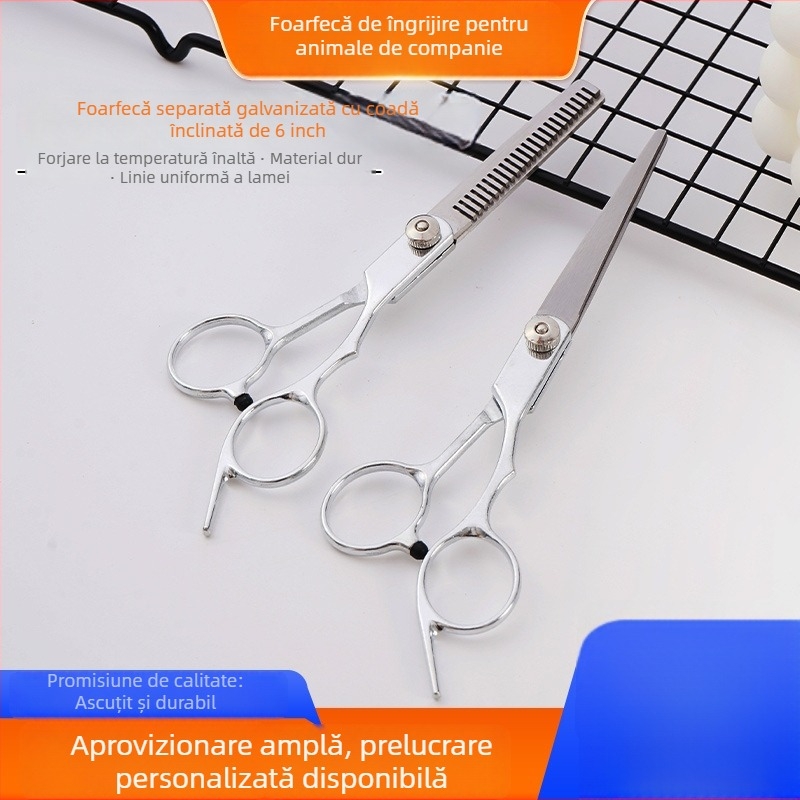 Foarfecă de îngrijire a animalelor de companie, 6 inch, vârf în unghi pentru câini și pisici – lame drepte, dinți zimți și instrument de tuns sprâncene