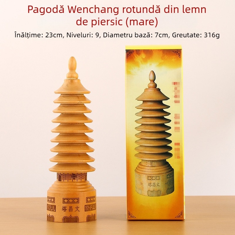 Turn circular WenChang din lemn de piersic, sculptură în lemn cu nouă niveluri, decor pentru birou.