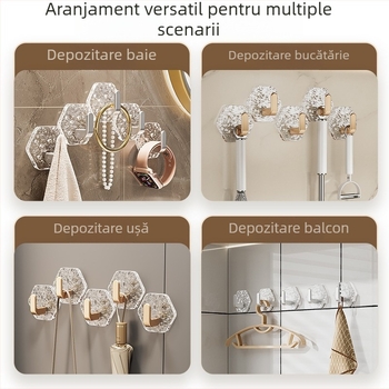 Cârlig hexagonal pentru baie, cu adeziv, montaj fără găuri, acrilic transparent