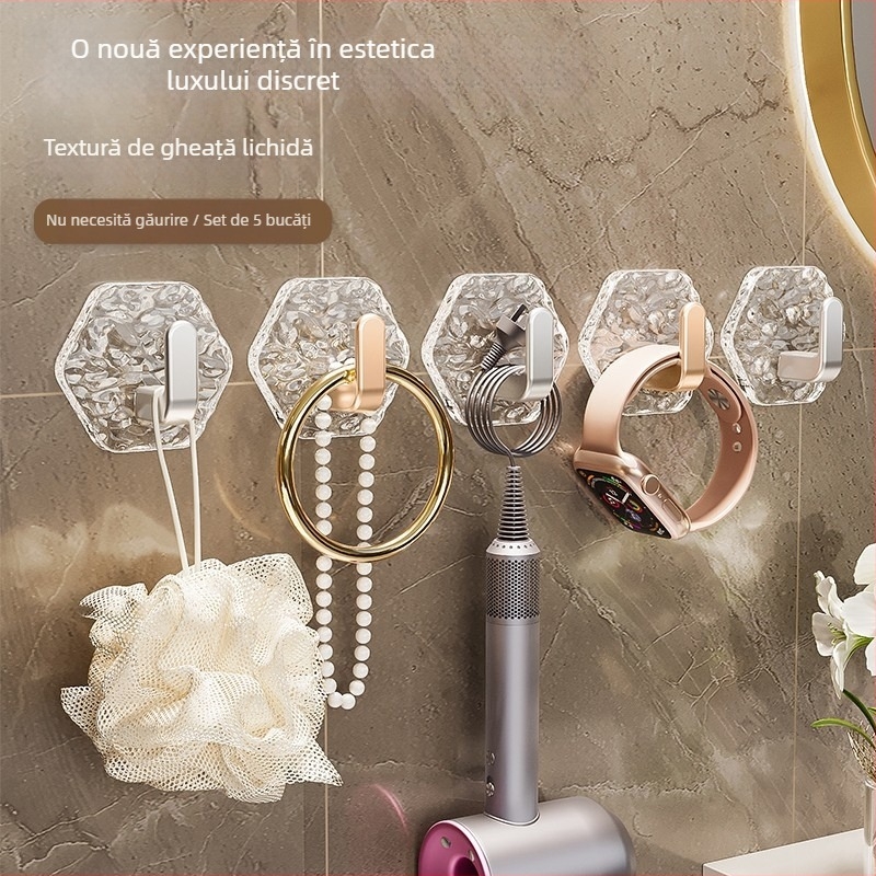 Cârlig hexagonal pentru baie, cu adeziv, montaj fără găuri, acrilic transparent