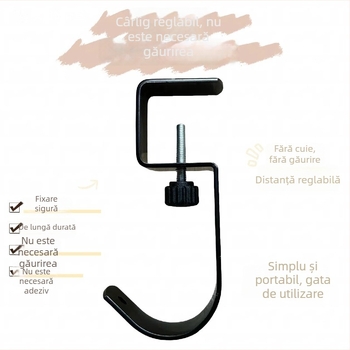 Cuier pentru ghiozdan pe birou – cârlig lateral cu bandă adezivă, montaj fără găuri, depozitare pe birou, încărcare 3–5 kg
