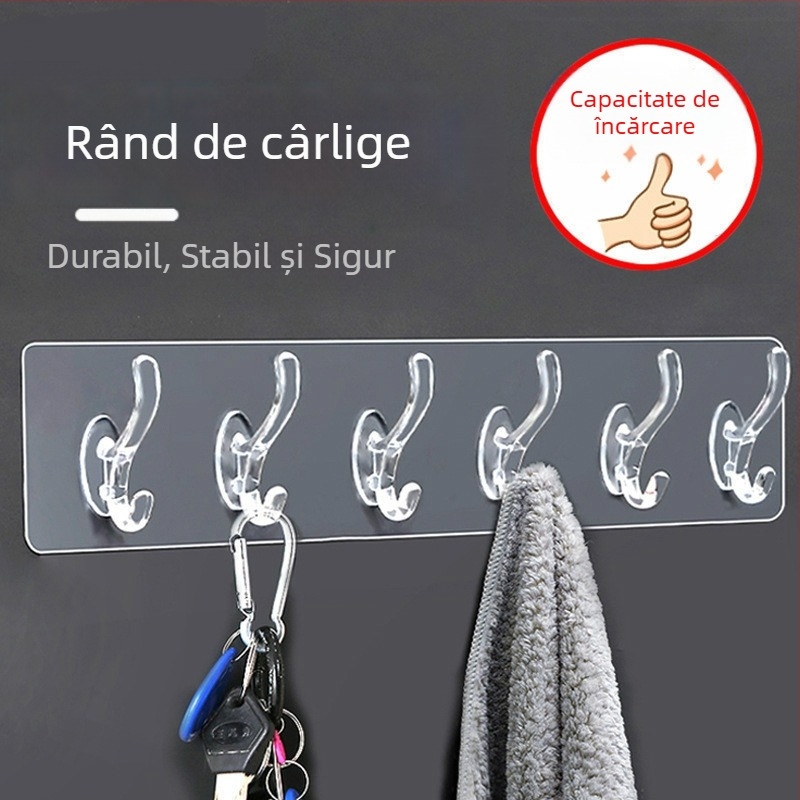 Cârlige adezive fără găuri, șase rânduri pentru paltoane și pălării, montaj pe perete, impermeabile pentru bucătărie și baie