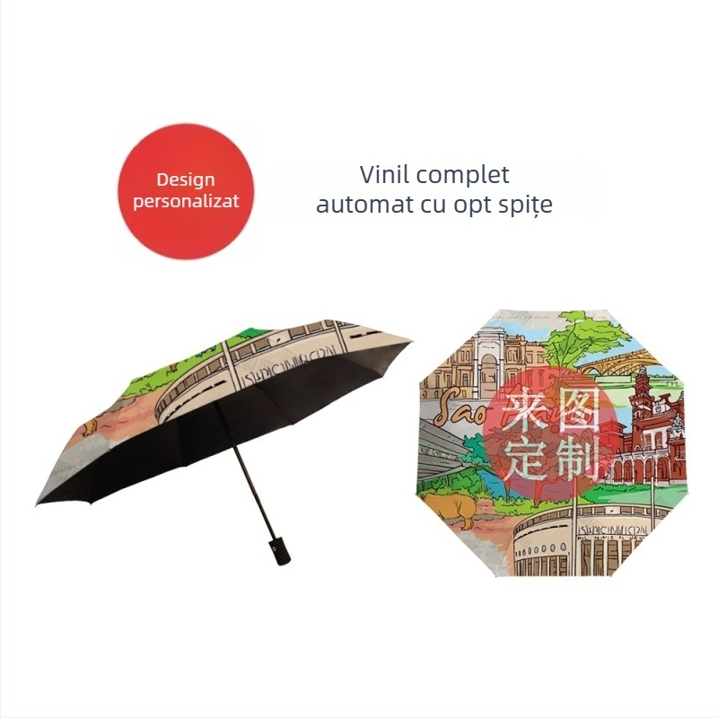Umbrelă automată pliabilă pentru soare, imprimare logo și desen animat color; cadru din aluminiu, 8 brațe, mâner din lemn, țesătură poliester 190T, UPF >50