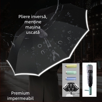 Umbrelă automată mare cu 10 brațe pentru două persoane – utilizare dublă soare și ploaie, umbrelă pliabilă cu lanternă încorporată