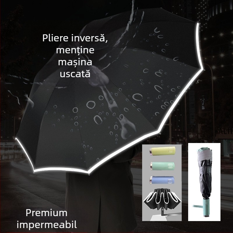 Umbrelă automată mare cu 10 brațe pentru două persoane – utilizare dublă soare și ploaie, umbrelă pliabilă cu lanternă încorporată