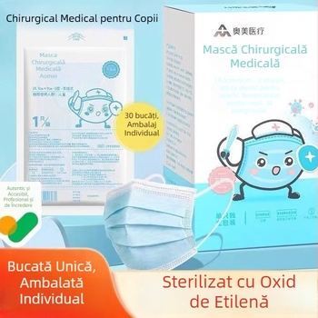 Ogilvy Mască medicală chirurgicală pentru copii, ambalată individual, 3 straturi, 30 de bucăți