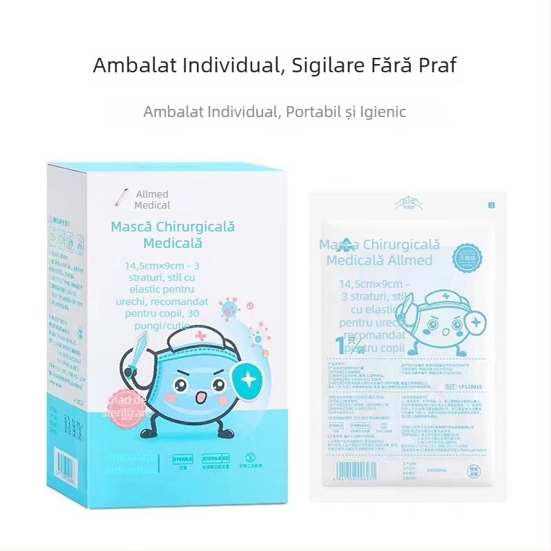 Ogilvy Mască medicală chirurgicală pentru copii, ambalată individual, 3 straturi, 30 de bucăți