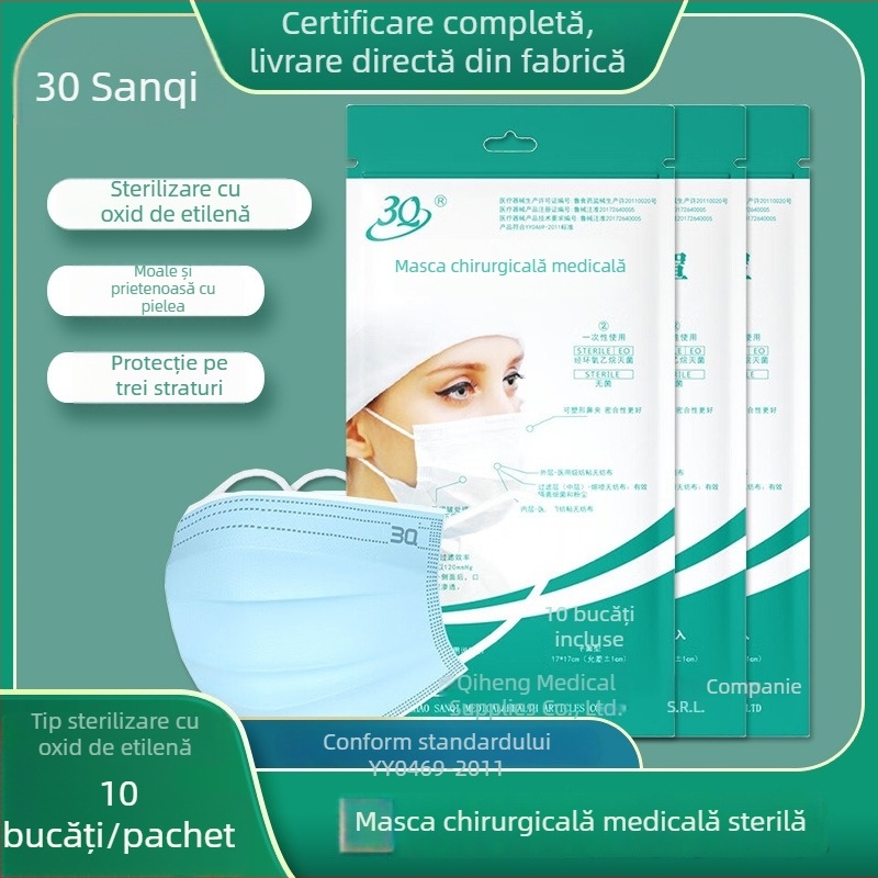 Masca chirurgicală medicală pentru adulți, de unică folosință, trei straturi, cu fibră Melt-Blown nețesută, sterilă, pachet de 10 bucăți