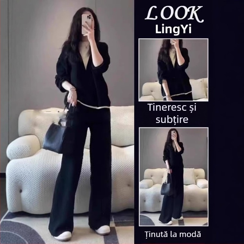 Set trening damă mărime plus pentru toamnă, croială lejeră, stil coreean, două piese: hanorac și pantaloni