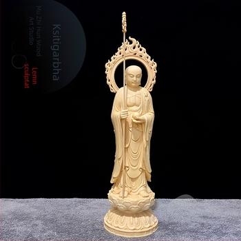 Statuetă Ksitigarbha Bodhisattva din lemn pentru decorul sufrageriei — sculptură din lemn masiv