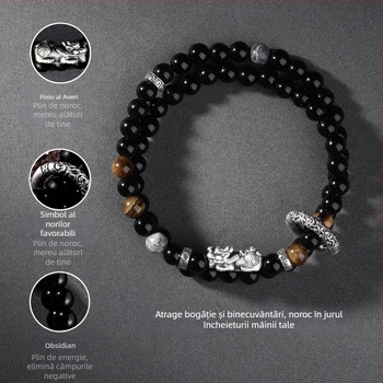Brățară Pixiu din obsidian pentru bărbați, stil vintage, cu două rânduri de mărgele și închidere de siguranță, cadou de ziua de naștere pentru iubit