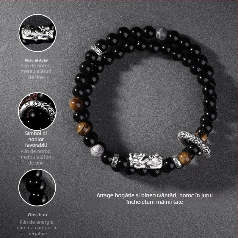 Brățară Pixiu din obsidian pentru bărbați, stil vintage, cu două rânduri de mărgele și închidere de siguranță, cadou de ziua de naștere pentru iubit
