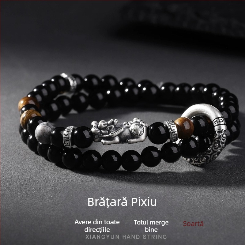 Brățară Pixiu din obsidian pentru bărbați, stil vintage, cu două rânduri de mărgele și închidere de siguranță, cadou de ziua de naștere pentru iubit