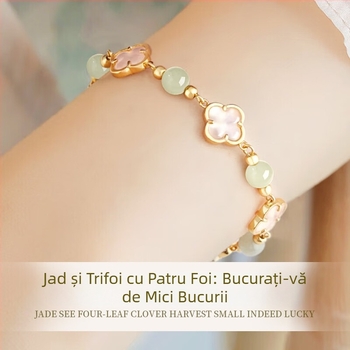 Brățară din argint S925 cu trifoi cu patru foi pentru femei, stil vintage elegant, cu mărgele Hetian Jade