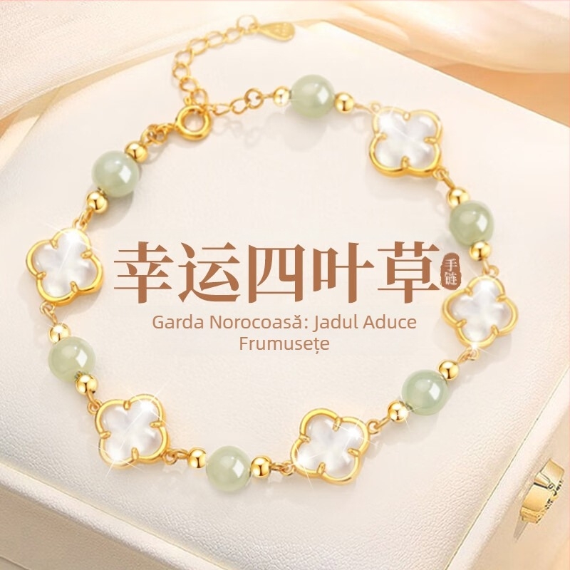 Brățară din argint S925 cu trifoi cu patru foi pentru femei, stil vintage elegant, cu mărgele Hetian Jade