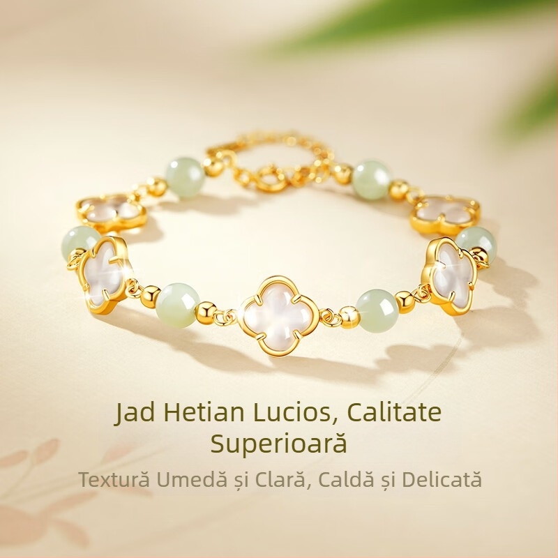 Brățară din argint S925 cu trifoi cu patru foi pentru femei, stil vintage elegant, cu mărgele Hetian Jade