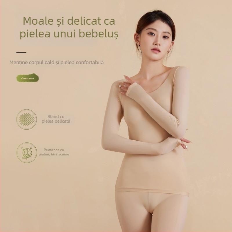 Set termic pentru femei, toamnă-iarna, fără cusături, strat de bază subțire, top și pantaloni