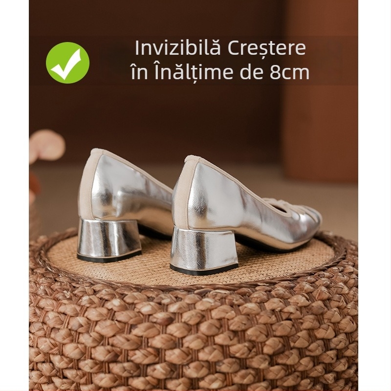 Pantofi Mary Jane pentru femei, vară, argintii, partea superioară PU, talpă moale, toc gros, înălțire internă, vârf pătrat, decolaj mic
