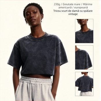 Tricou damă croptop din 100% bumbac, 230 g, spălat, cu efect distressed, mâneci scurte, croială lejeră, stil retro.