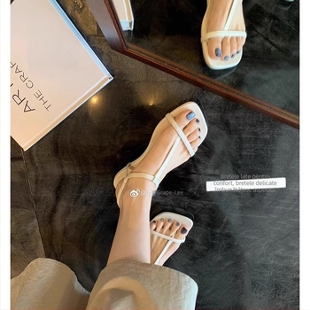 Sandale din piele naturală, curea în formă de T, vârf pătrat și curea de gleznă, sandale lejere pentru vară